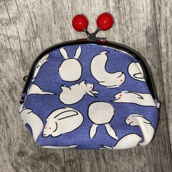 RABBITS BLUE CANVAS Red Kisslock Large Coin Purse Small Clutch Makeup Bag - Picture 2 of 4